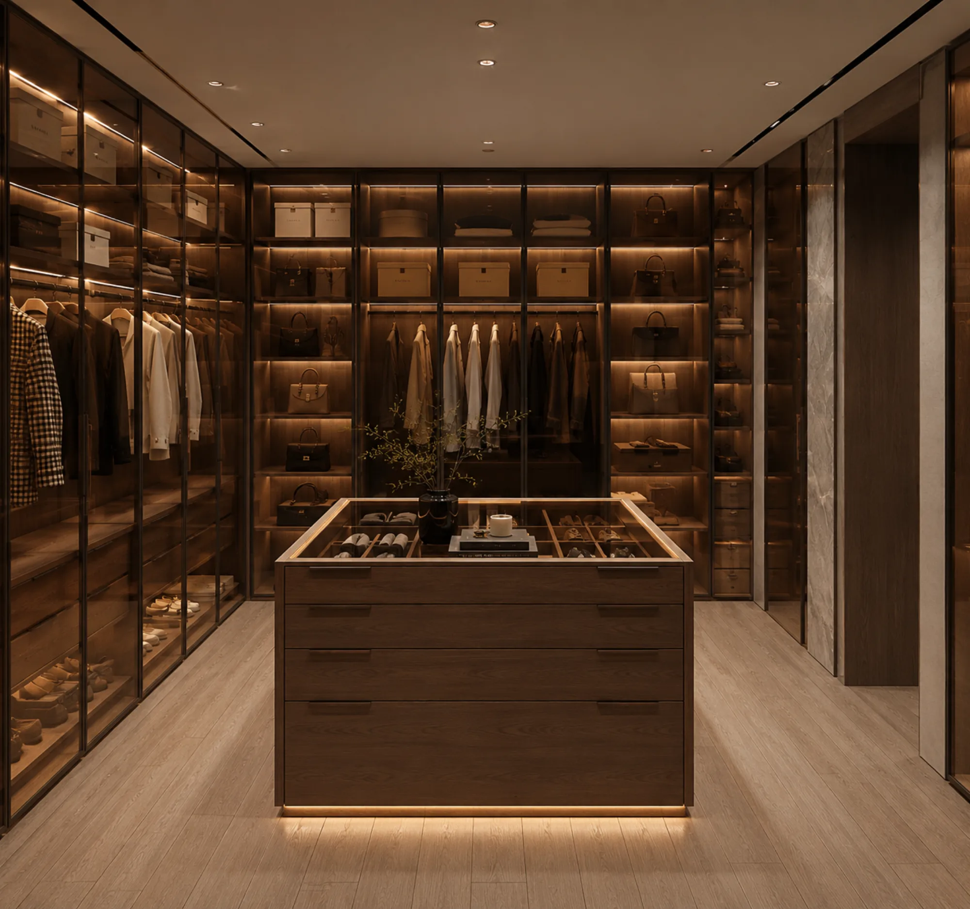 A Peach Living walk-in wardrobe in warm wood and glass, lit softly from within