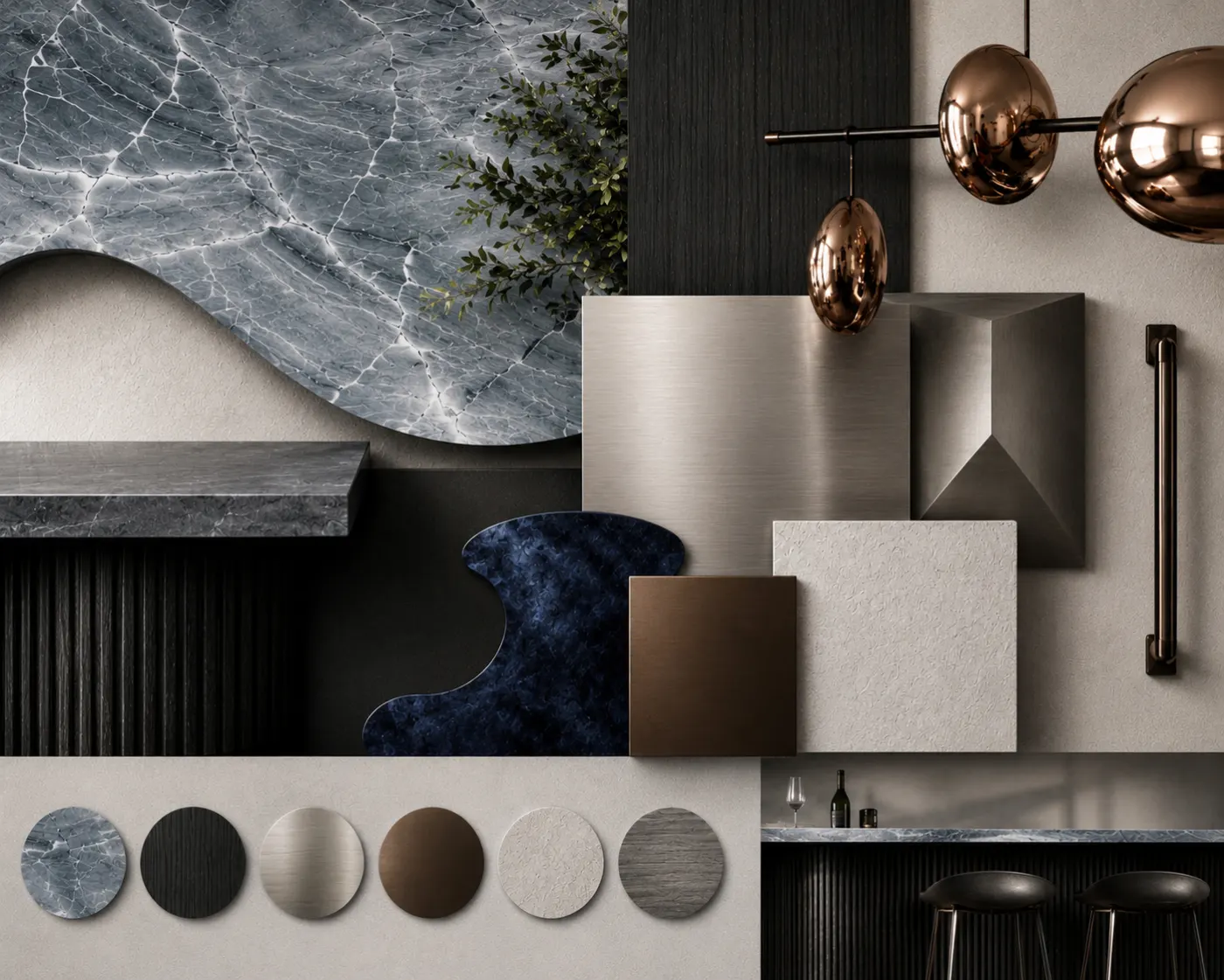 Material palette of stone, dark timber, brushed steel and copper pendant lights